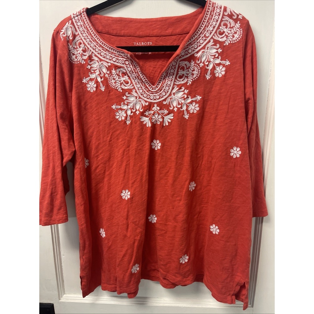 Talbots Women's Plus Sz. 2XP Orange Embroidered Split V-Neck Tunic Top Classic